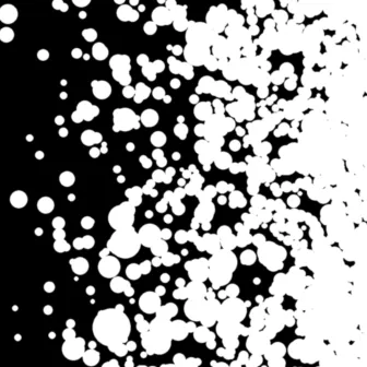 White discs of different sizes on black, sparse on the left and merging into white on the right.