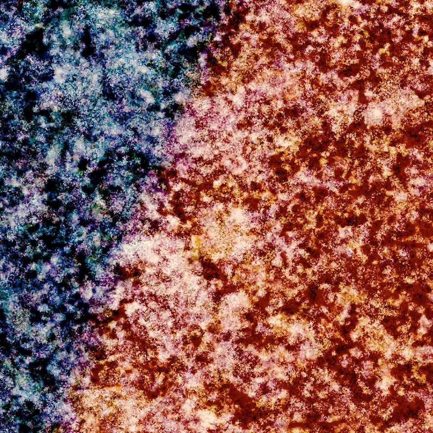 The same edge: grains over blue on the left, over orange on the right.