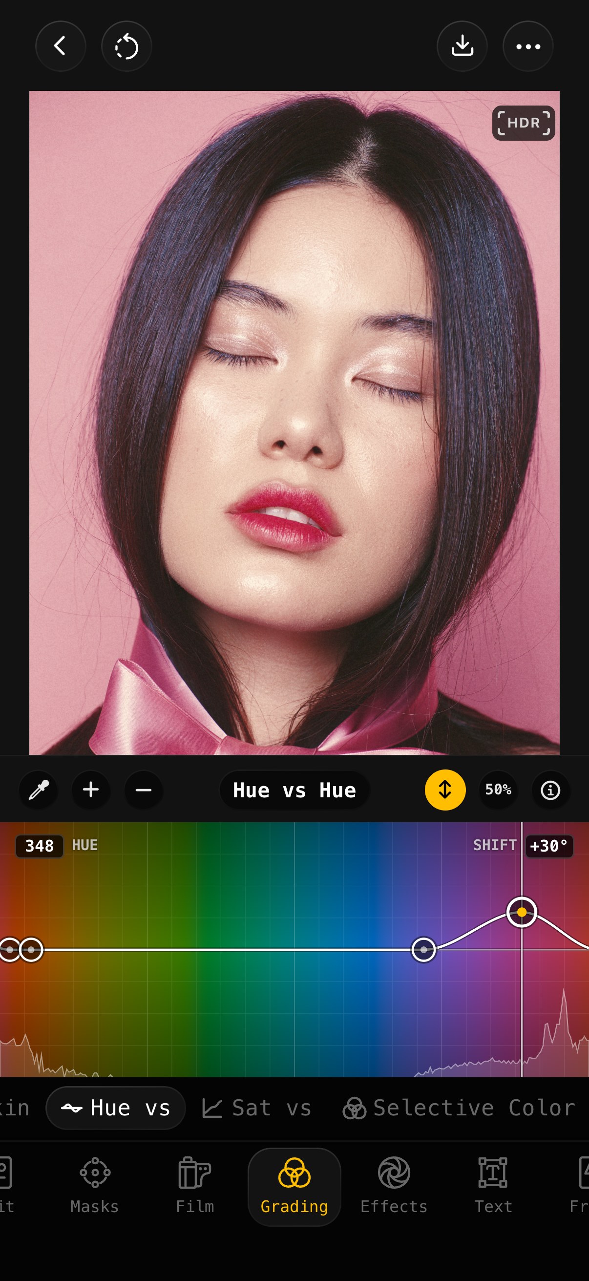 Film(ish) on an iPhone: Grading, the Hue vs Hue curve under a portrait